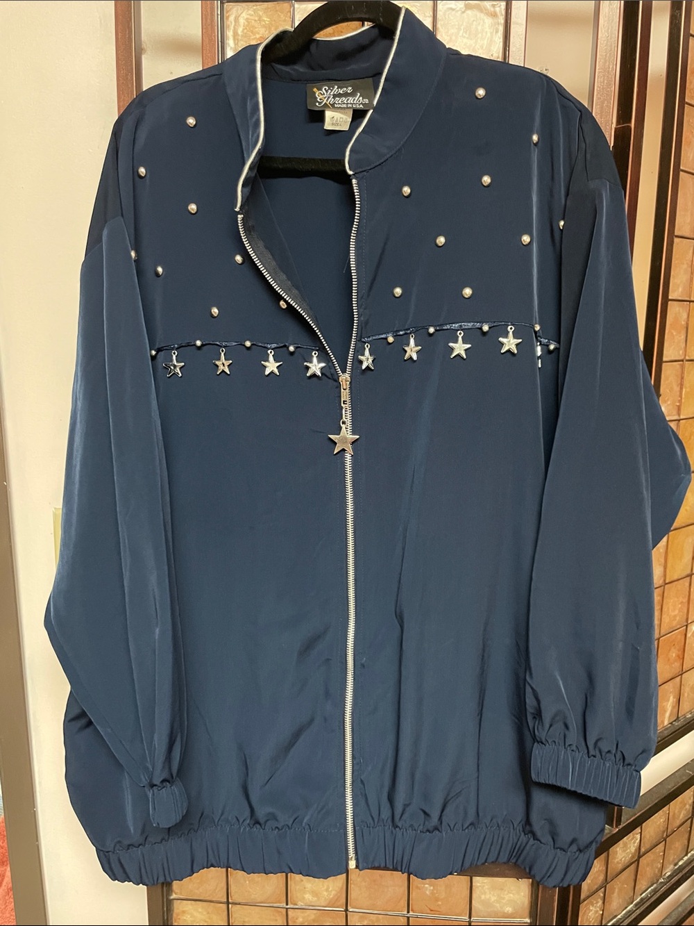 Silver Spreads Navy Star-Trim Bomber Jacket